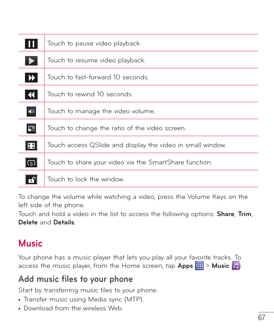 Music, Add music files to your phone | LG D500 User Manual | Page 68 / 134