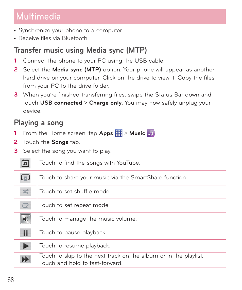 Multimedia, Transfer music using media sync (mtp), Playing a song | LG D500 User Manual | Page 69 / 134