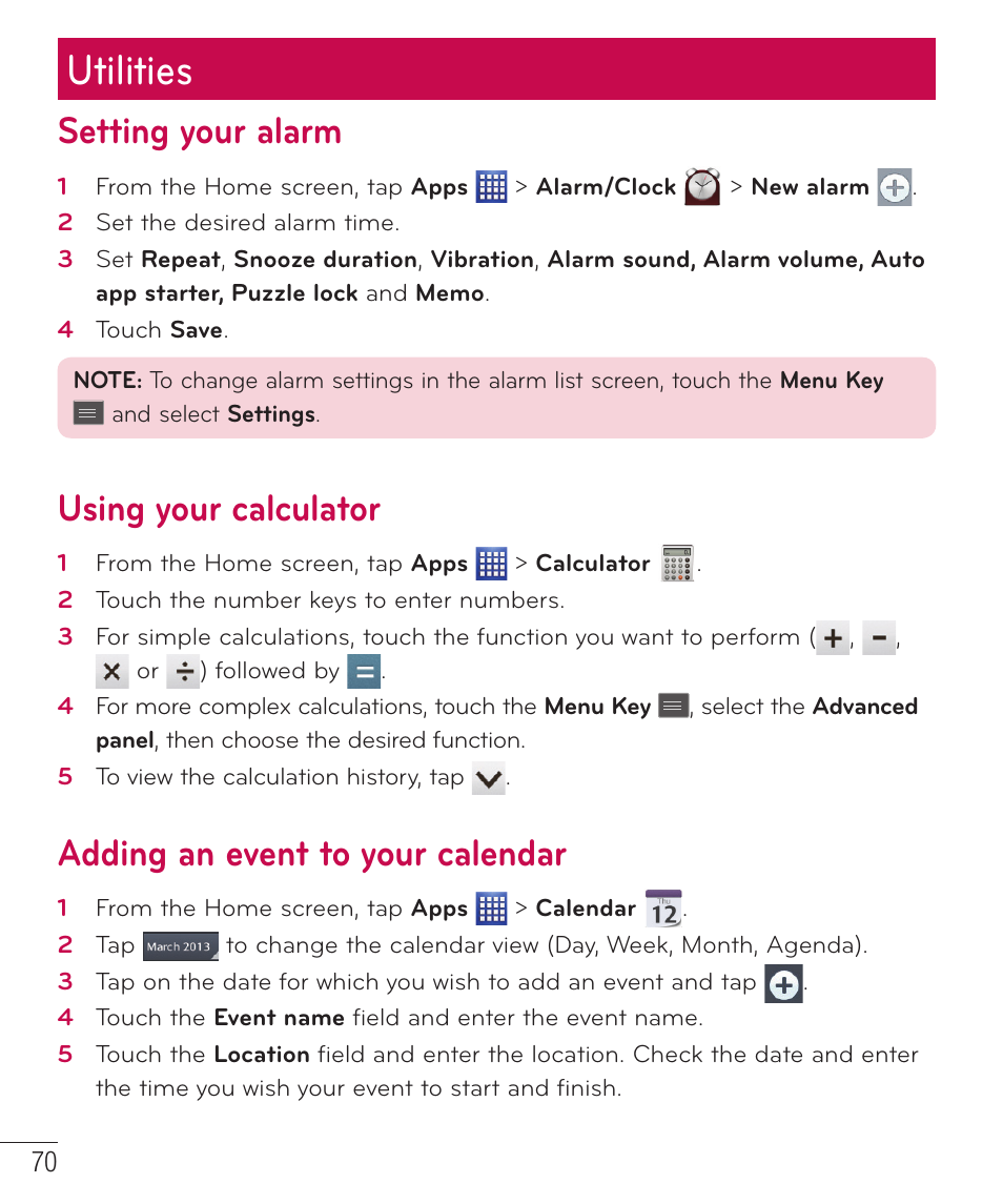 Utilities, Setting your alarm, Using your calculator | Adding an event to your calendar | LG D500 User Manual | Page 71 / 134