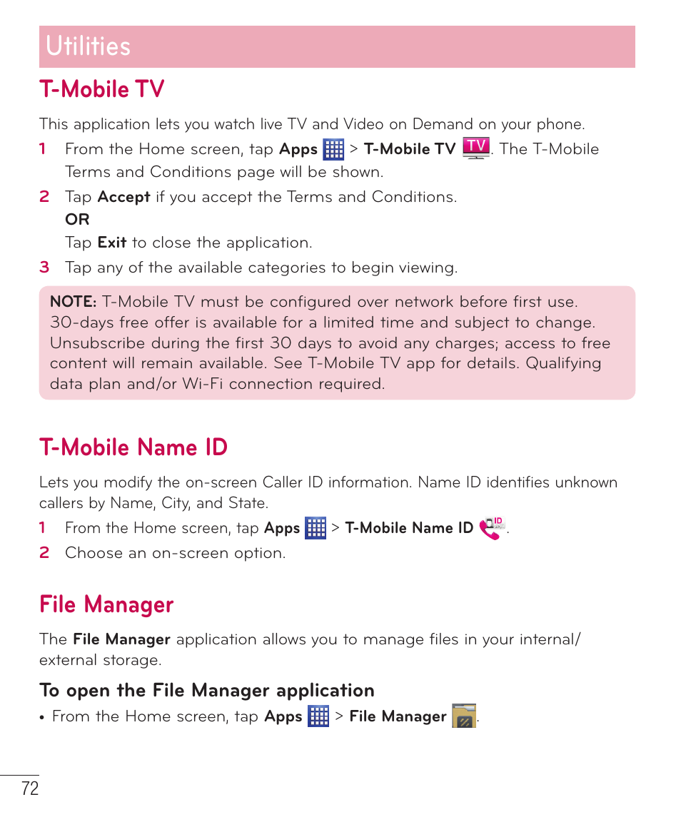 T-mobile tv, T-mobile name id, File manager | Utilities | LG D500 User Manual | Page 73 / 134