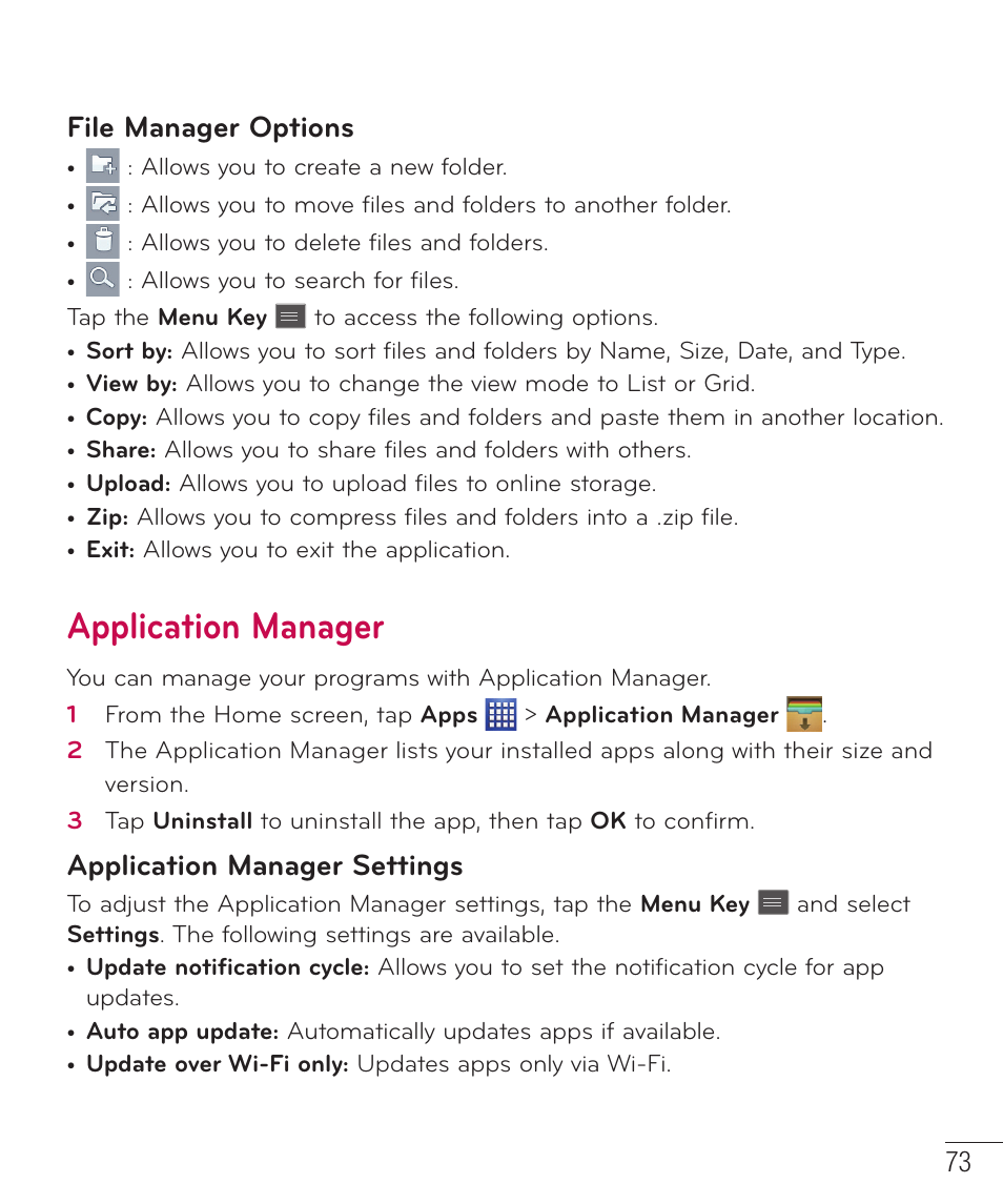 Application manager, File manager options, Application manager settings | LG D500 User Manual | Page 74 / 134