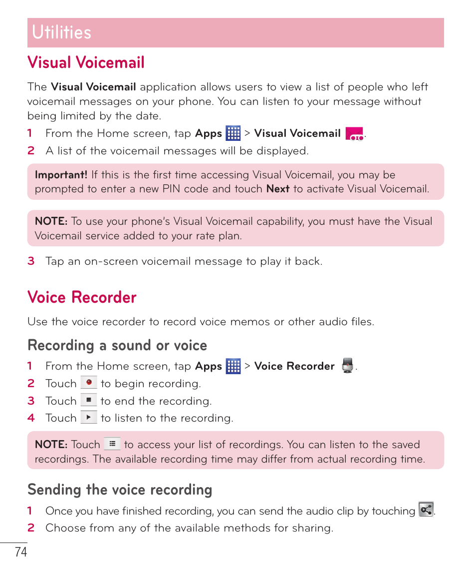 Visual voicemail, Voice recorder, Utilities | Recording a sound or voice, Sending the voice recording | LG D500 User Manual | Page 75 / 134