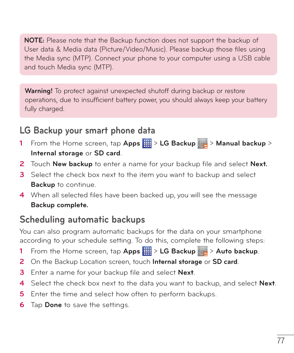 Lg backup your smart phone data, Scheduling automatic backups | LG D500 User Manual | Page 78 / 134