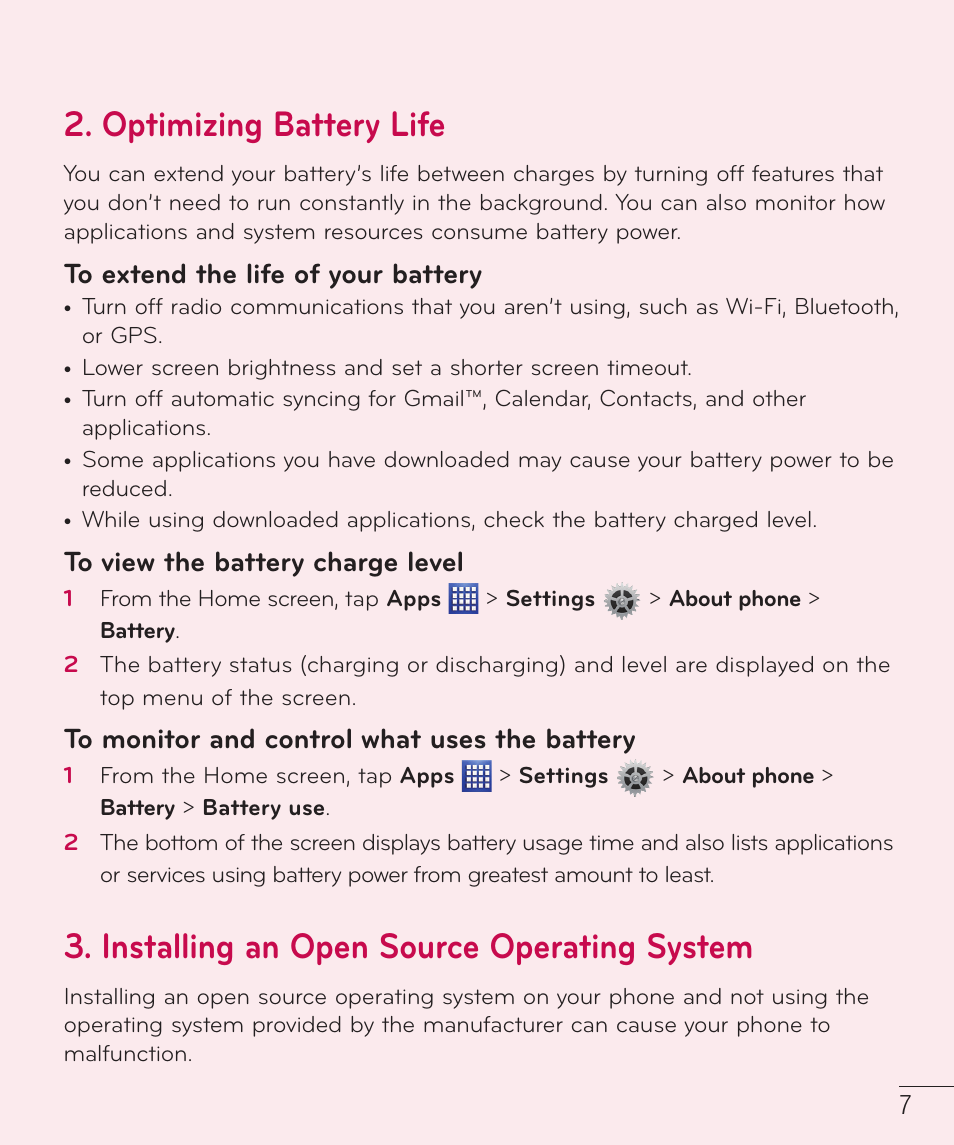 Optimizing battery life, Installing an open source operating system | LG D500 User Manual | Page 8 / 134
