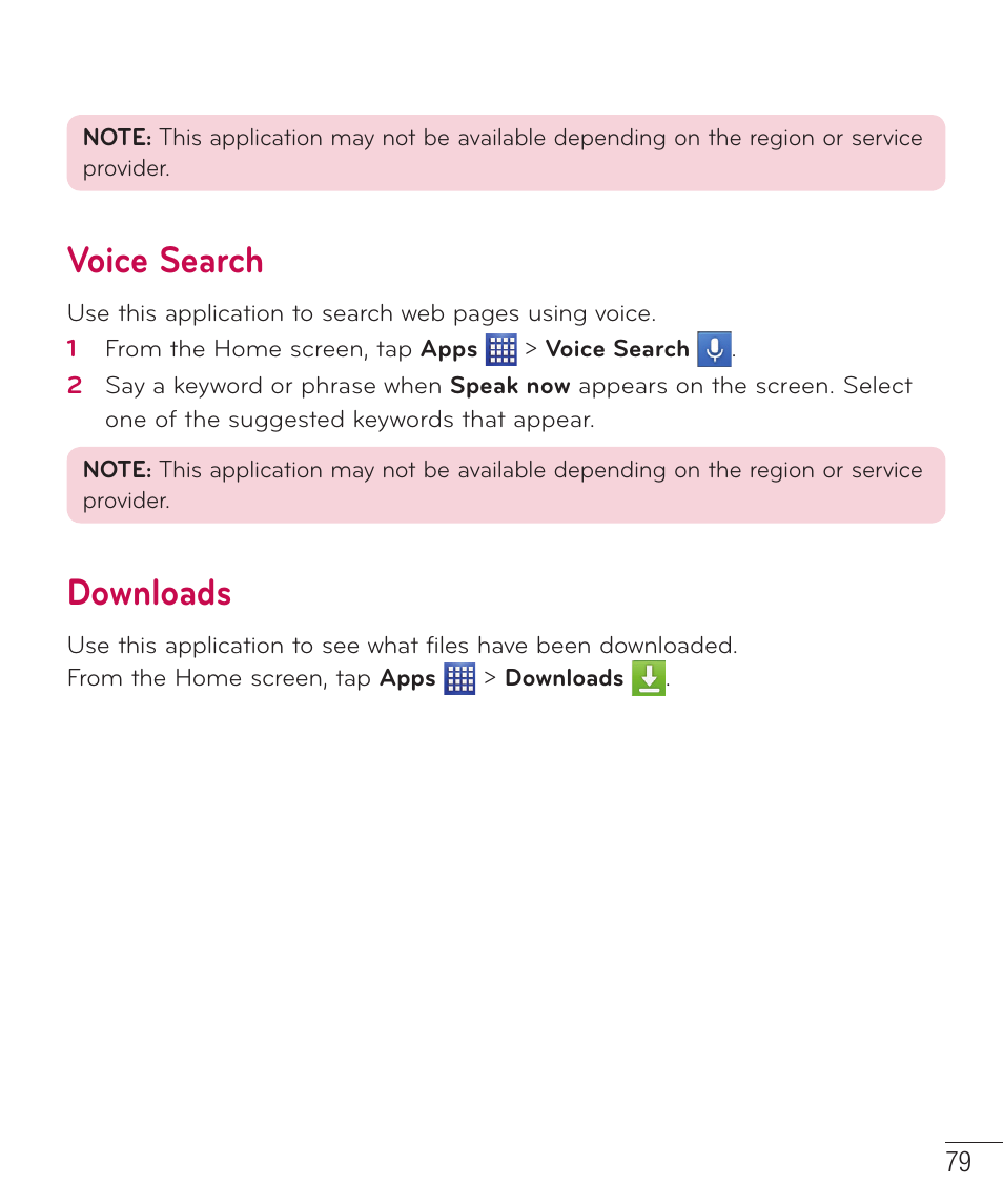 Voice search, Downloads | LG D500 User Manual | Page 80 / 134