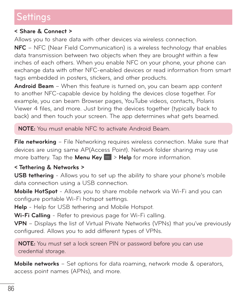 Settings | LG D500 User Manual | Page 87 / 134