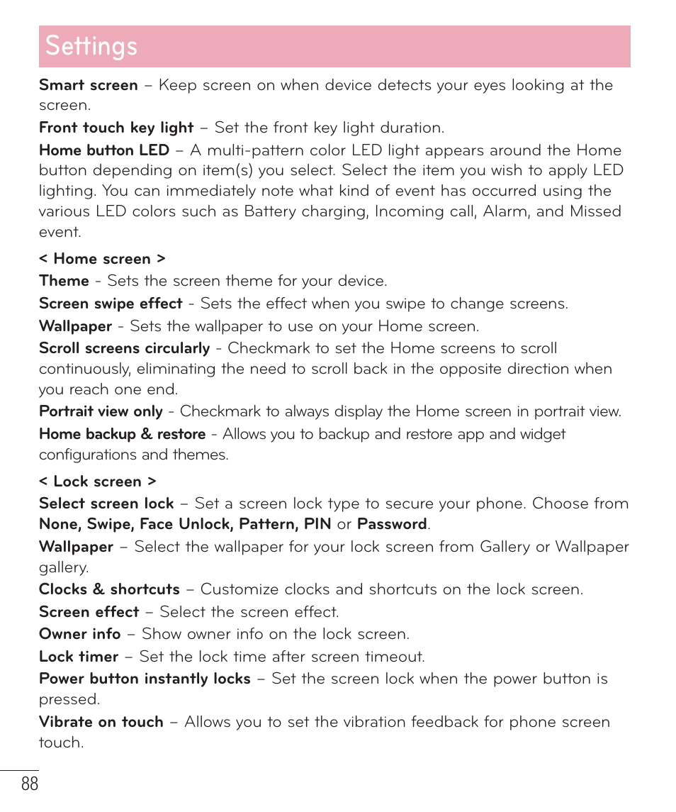 Settings | LG D500 User Manual | Page 89 / 134