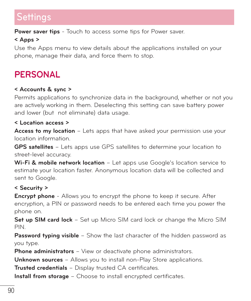 Personal, Settings | LG D500 User Manual | Page 91 / 134