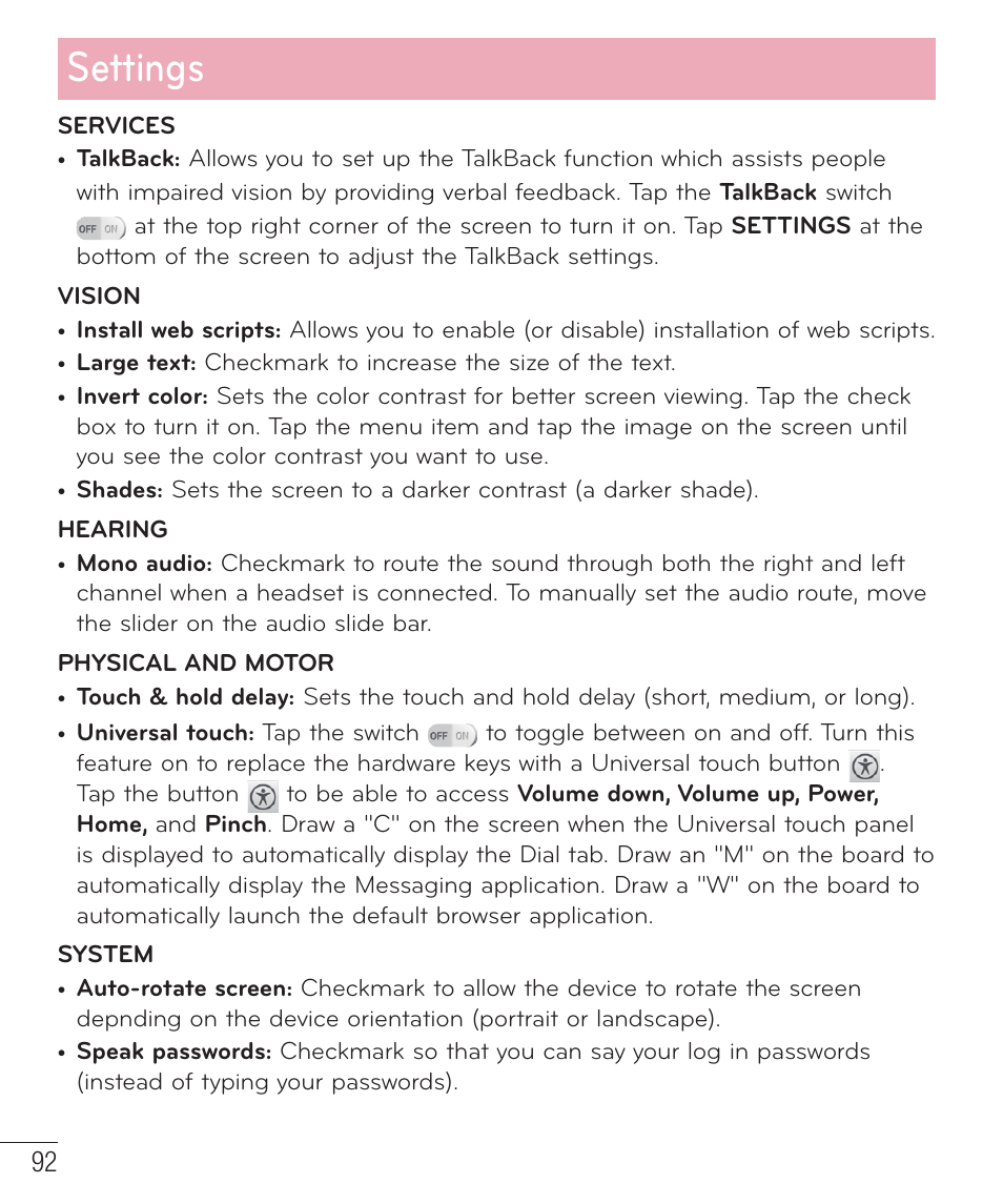 Settings | LG D500 User Manual | Page 93 / 134