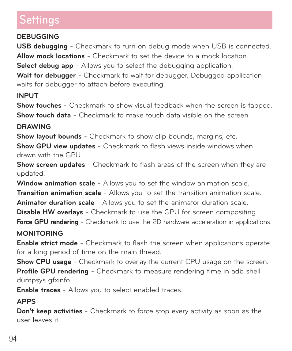 Settings | LG D500 User Manual | Page 95 / 134