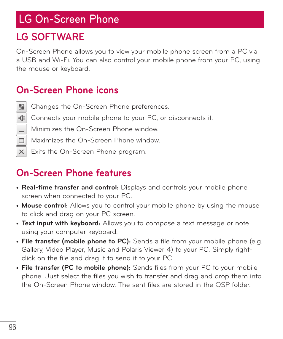 Lg on-screen phone, Lg software, On-screen phone icons | On-screen phone features | LG D500 User Manual | Page 97 / 134