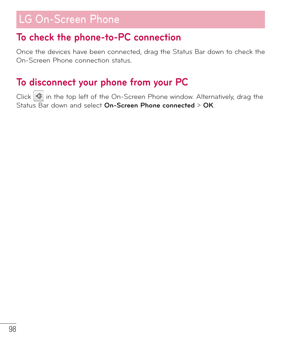To check the phone-to-pc connection, To disconnect your phone from your pc, Lg on-screen phone | LG D500 User Manual | Page 99 / 134