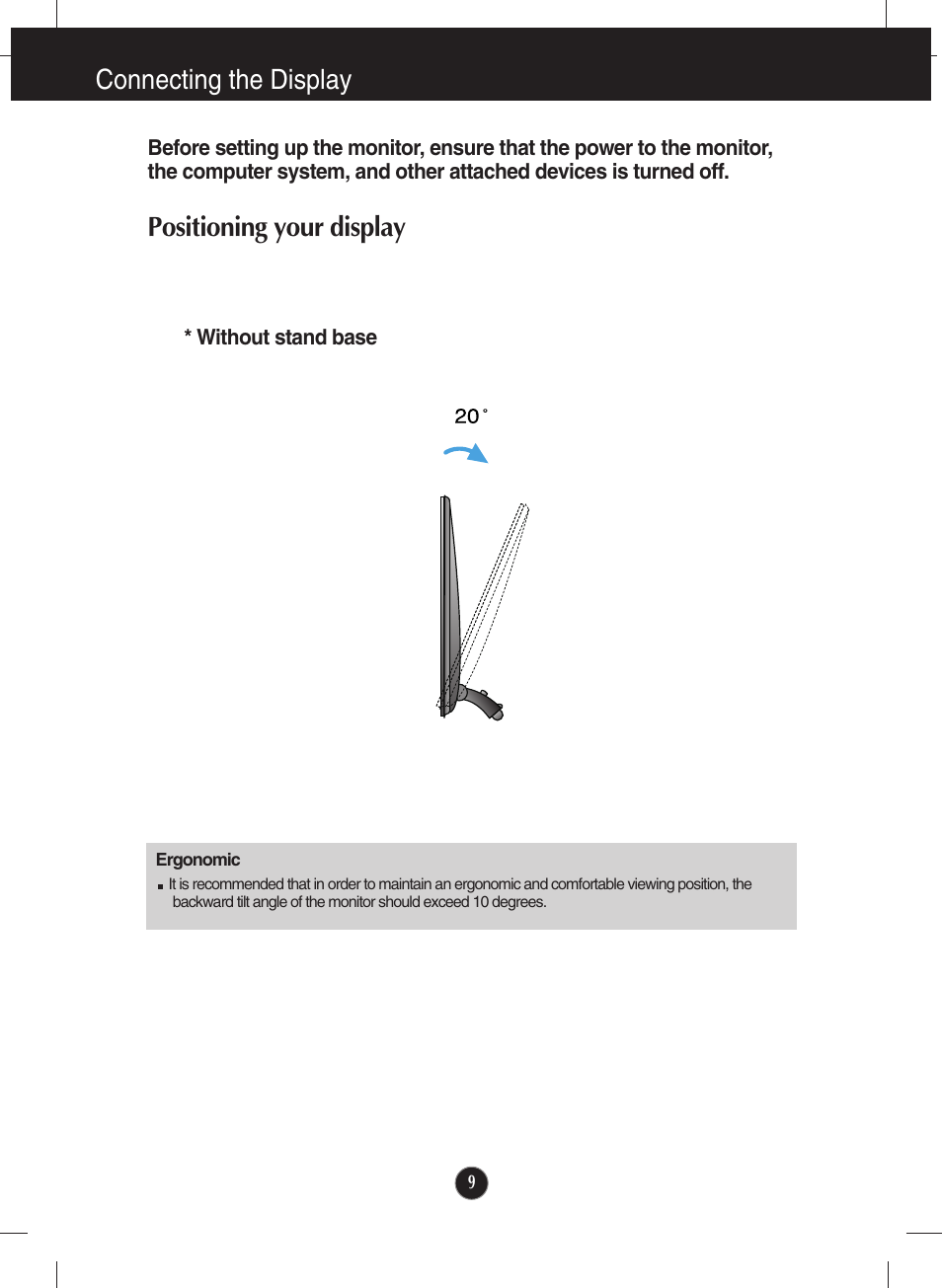 Connecting the display, Positioning your display | LG E2250VR-SN User Manual | Page 10 / 36
