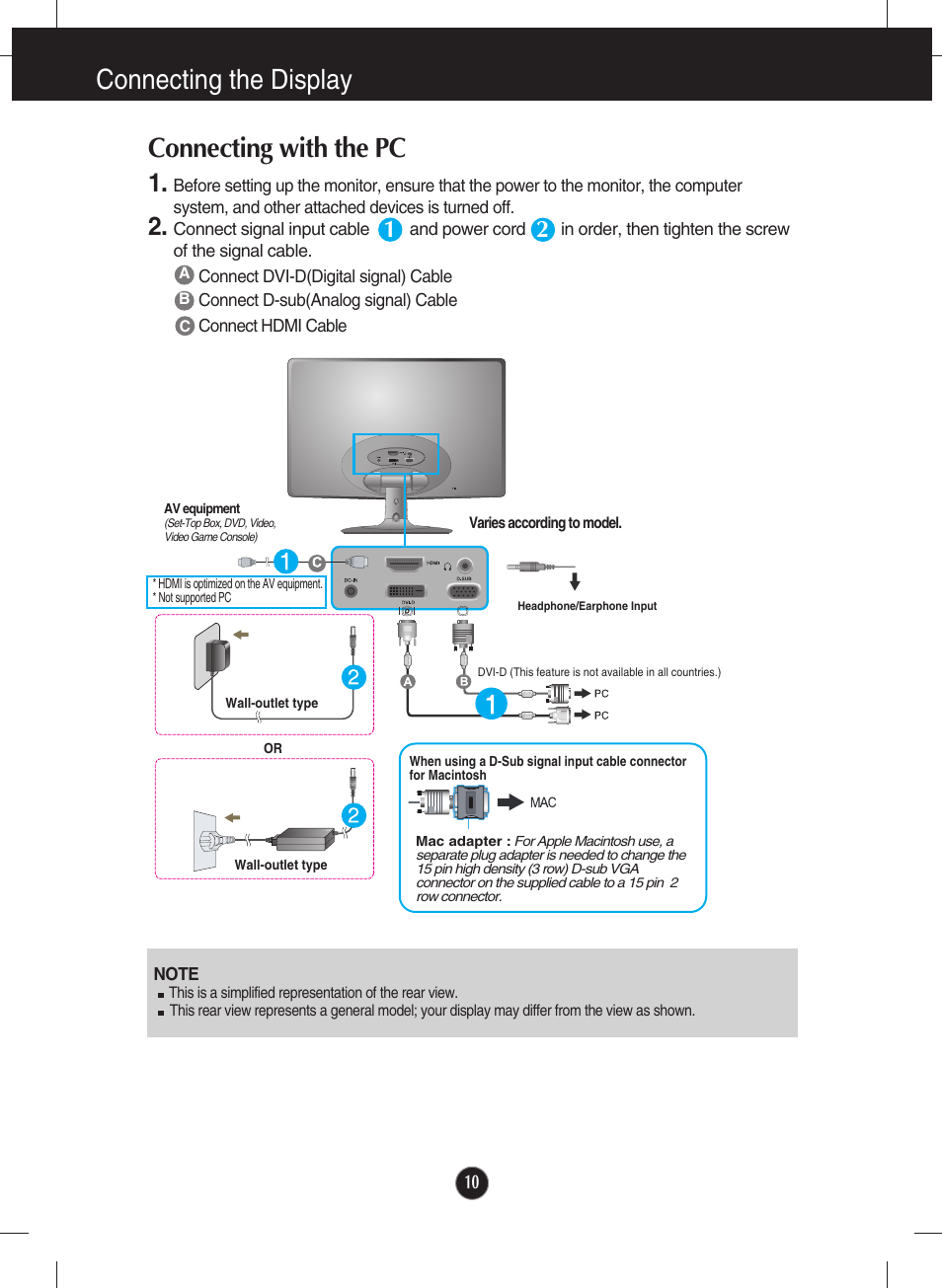 Connecting the display, Connecting with the pc | LG E2250VR-SN User Manual | Page 11 / 36