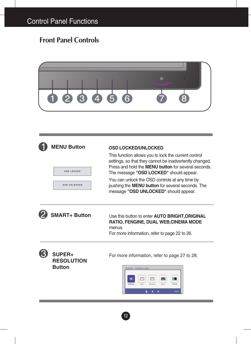 Control panel functions front panel controls | LG E2250VR-SN User Manual | Page 13 / 36