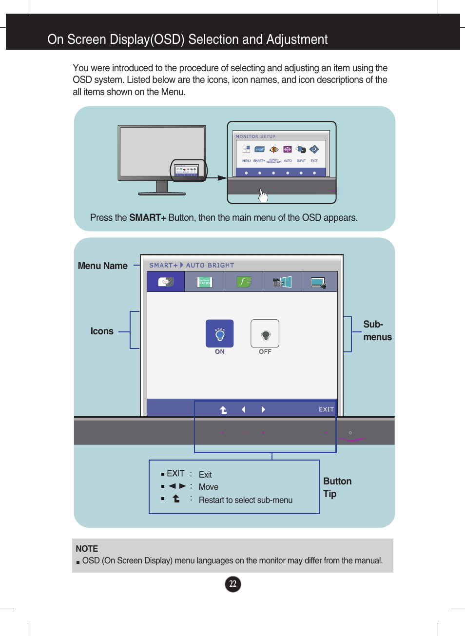 On screen display(osd) selection and adjustment | LG E2250VR-SN User Manual | Page 23 / 36