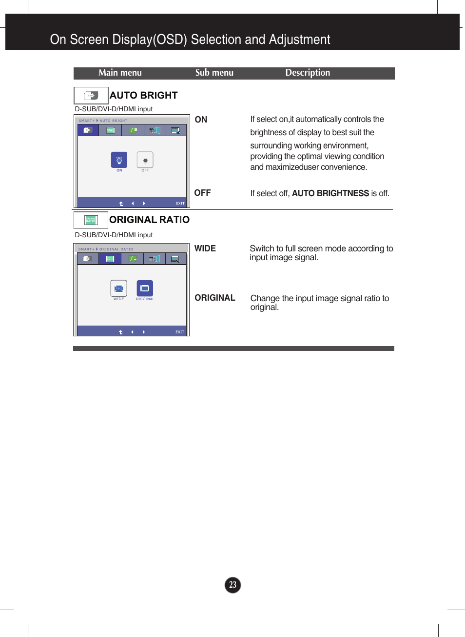 On screen display(osd) selection and adjustment | LG E2250VR-SN User Manual | Page 24 / 36