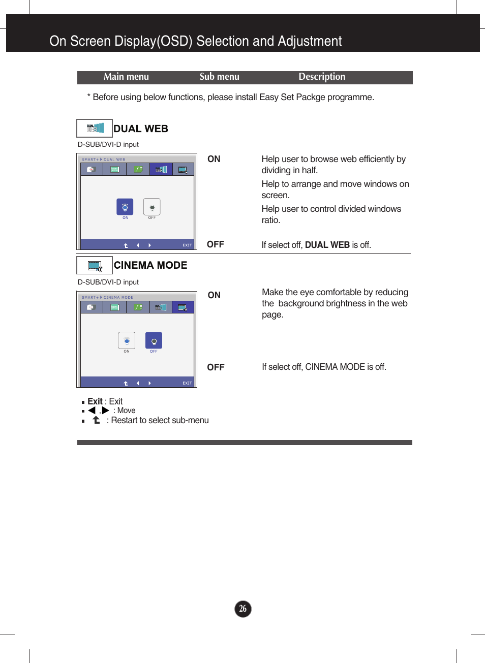 On screen display(osd) selection and adjustment | LG E2250VR-SN User Manual | Page 27 / 36