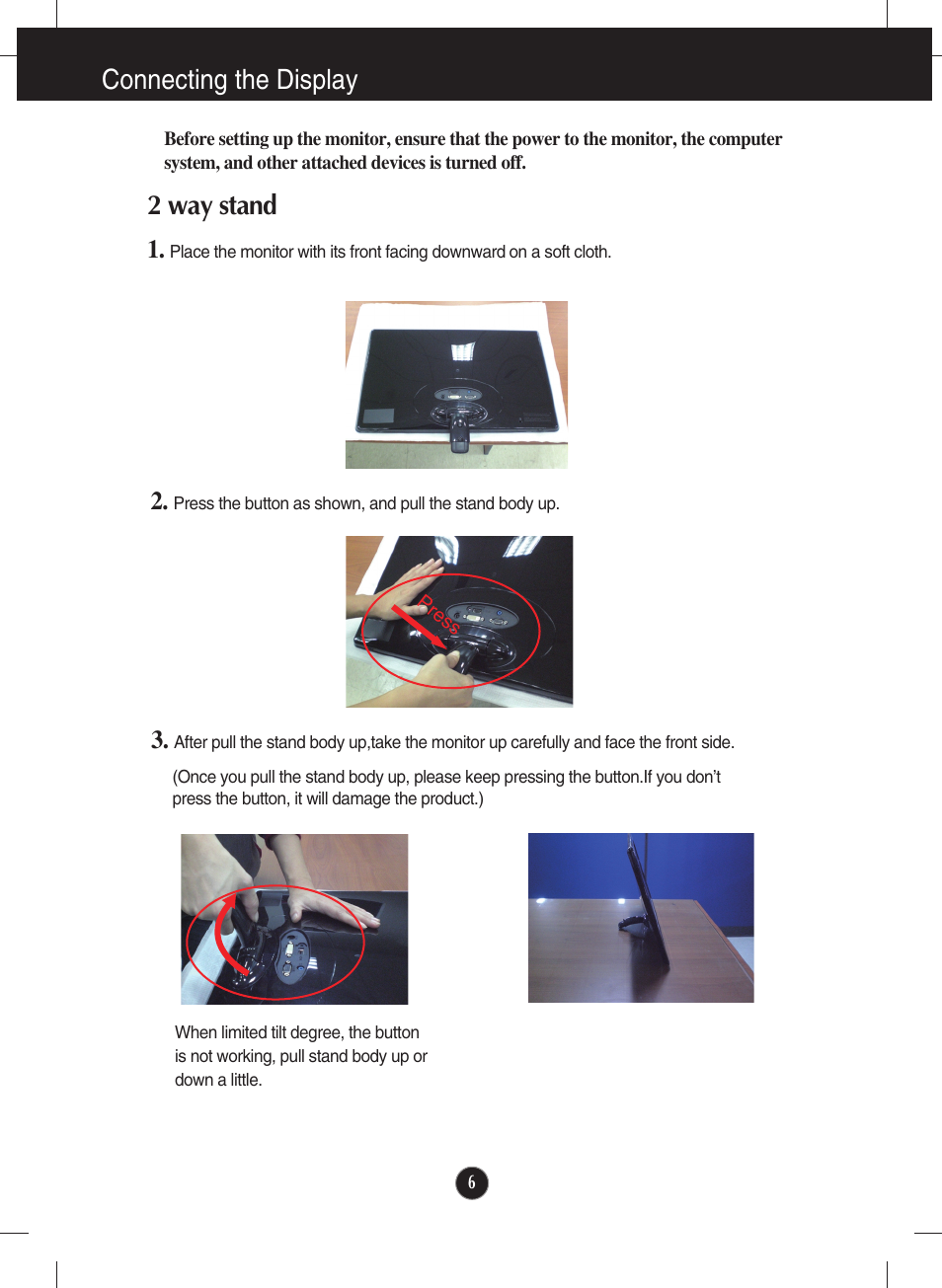 Connecting the display, 2 way stand | LG E2250VR-SN User Manual | Page 7 / 36
