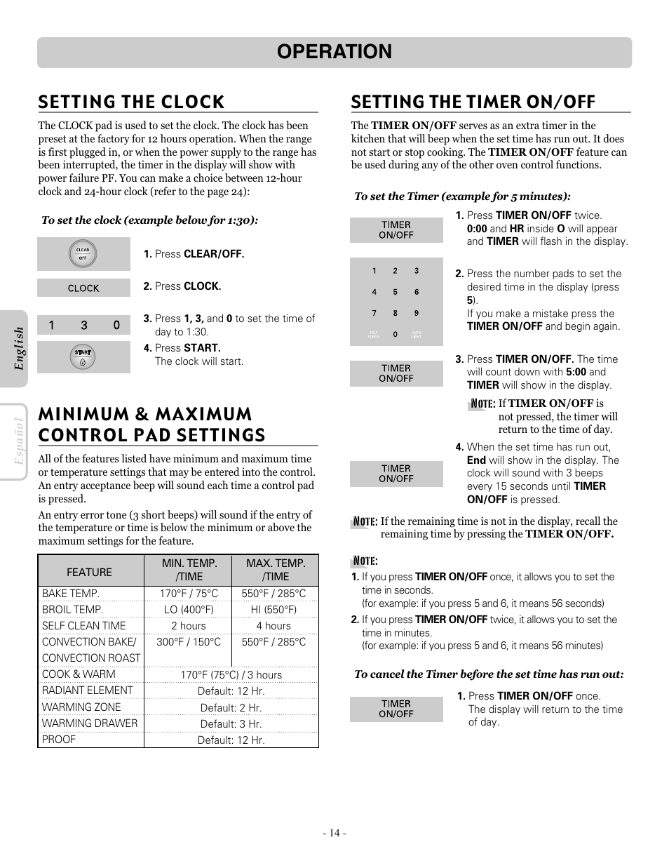 Operation, Setting the clock, Minimum & maximum control pad settings | Setting the timer on/off | LG LRE30755SW User Manual | Page 14 / 36