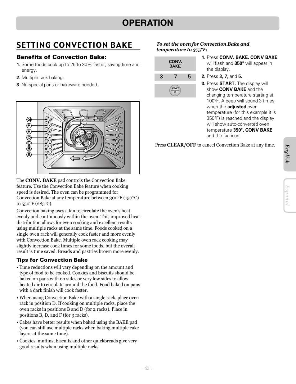 Operation, Setting convection bake | LG LRE30755SW User Manual | Page 21 / 36