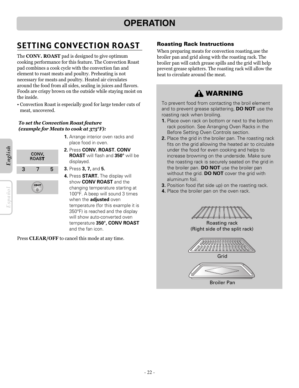 Operation, Setting convection roast, Warning | LG LRE30755SW User Manual | Page 22 / 36