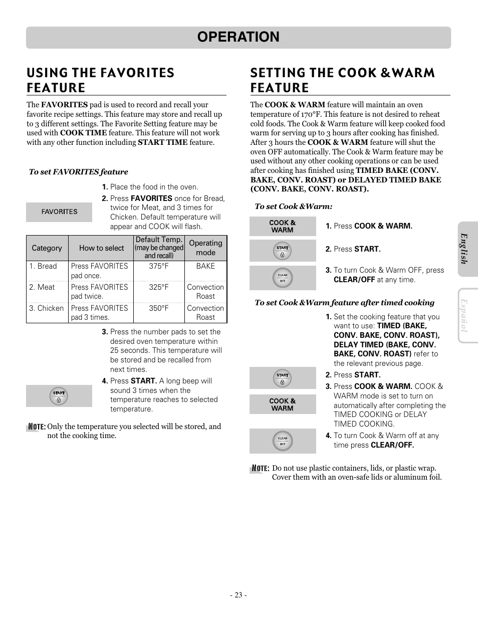 Operation | LG LRE30755SW User Manual | Page 23 / 36