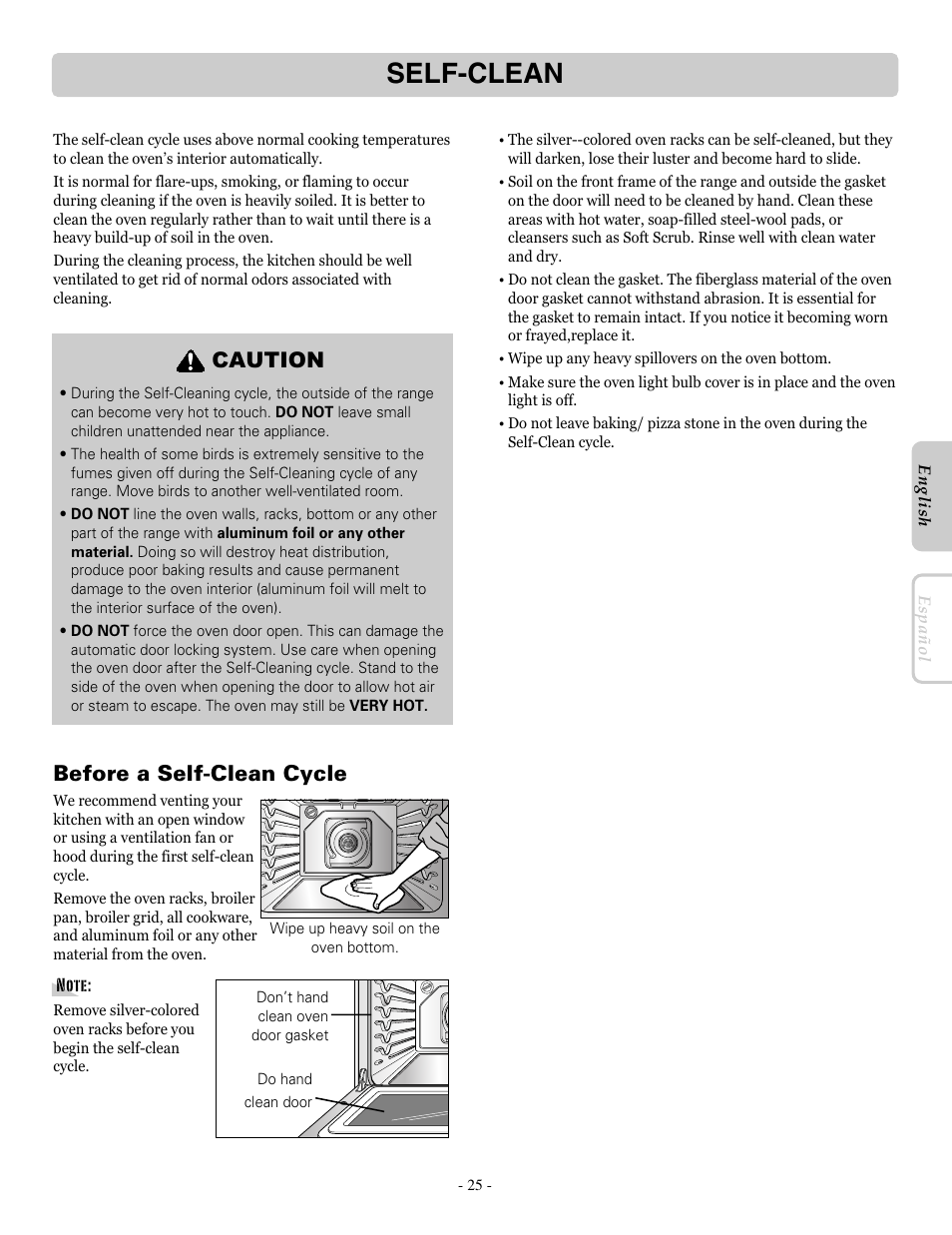 Self-clean, Before a self-clean cycle, Caution | LG LRE30755SW User Manual | Page 25 / 36