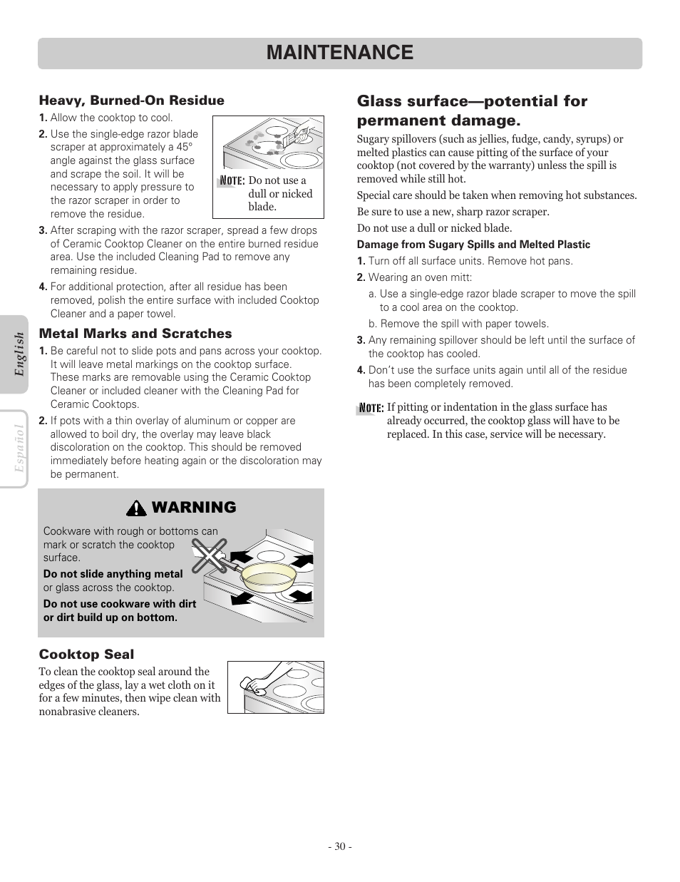 Maintenance, Glass surface—potential for permanent damage, Warning | LG LRE30755SW User Manual | Page 30 / 36