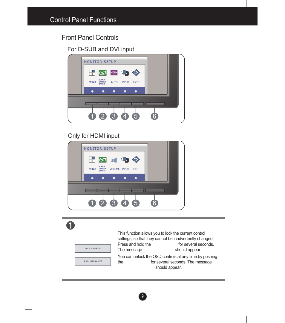 Control panel functions front panel controls | LG E2341V-BN User Manual | Page 10 / 28