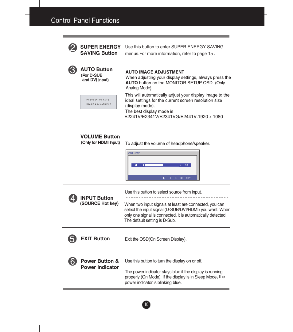 Control panel functions | LG E2341V-BN User Manual | Page 11 / 28