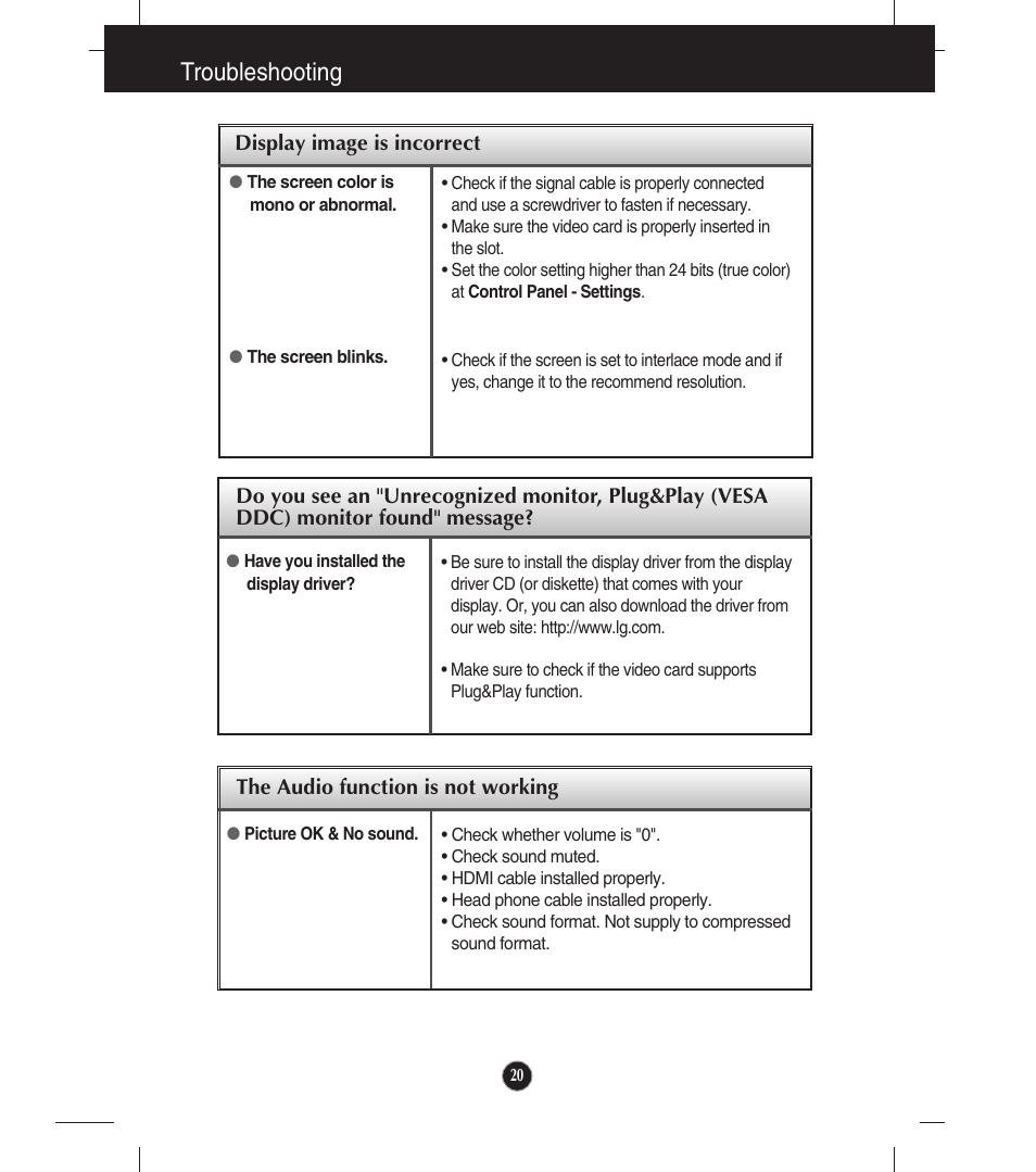 Troubleshooting | LG E2341V-BN User Manual | Page 21 / 28