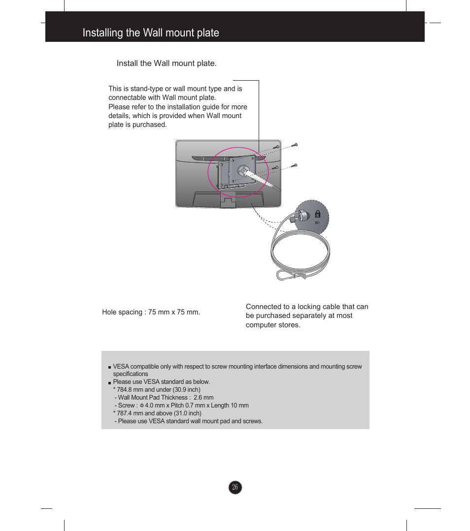 Installing the wall mount plate | LG E2341V-BN User Manual | Page 27 / 28