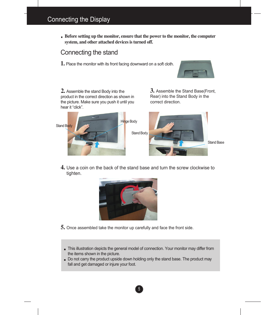Connecting the display, Connecting the stand | LG E2341V-BN User Manual | Page 6 / 28