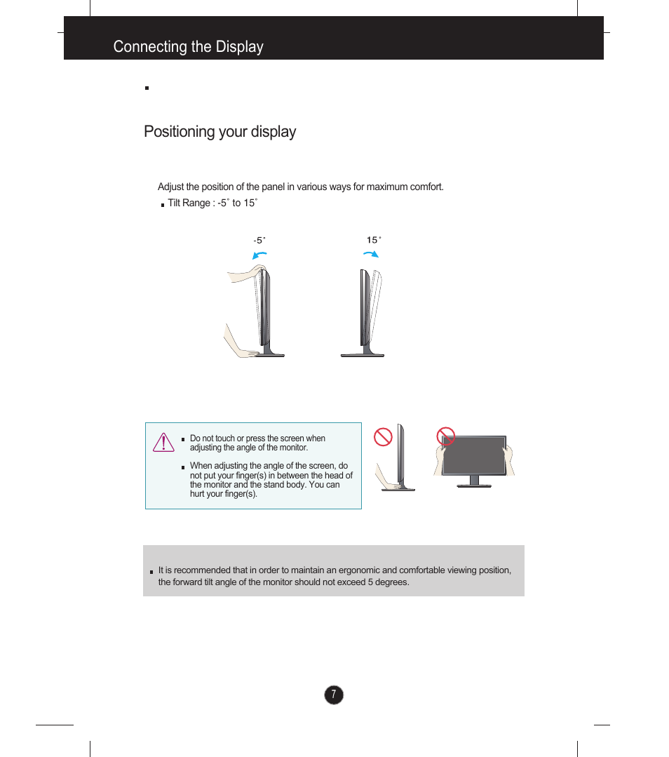 Connecting the display, Positioning your display | LG E2341V-BN User Manual | Page 8 / 28