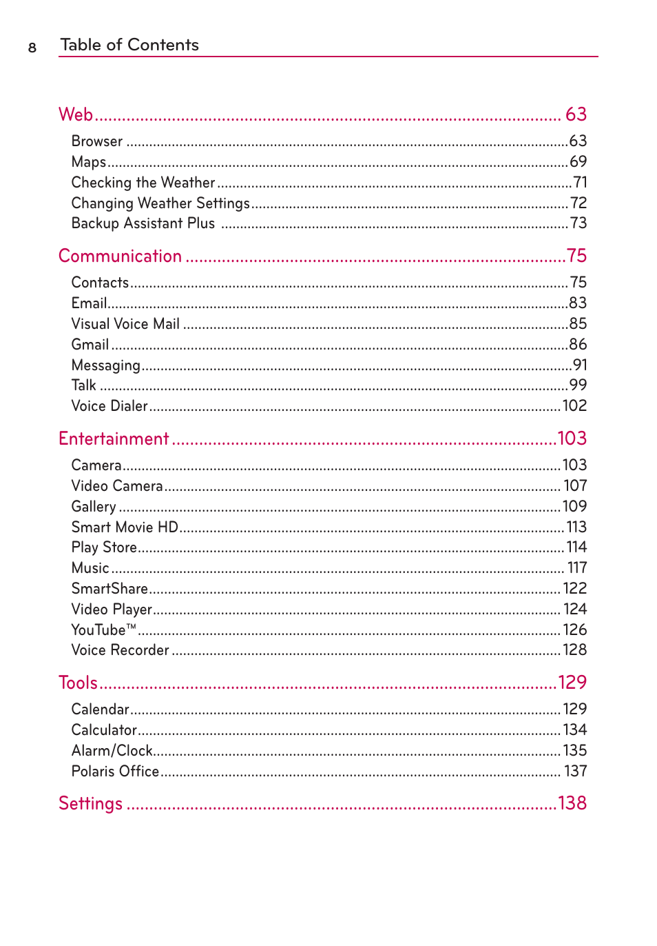 Calculator, Browser, Camera | LG LGVS920 User Manual | Page 10 / 192