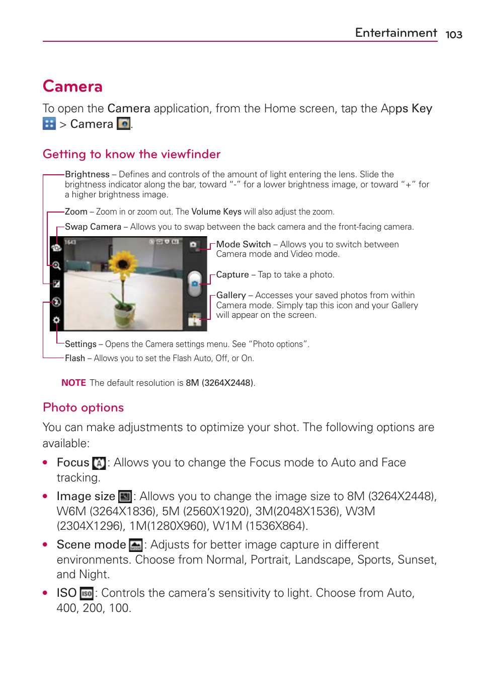 Entertainment, Camera, Getting to know the viewﬁnder | Photo options | LG LGVS920 User Manual | Page 105 / 192