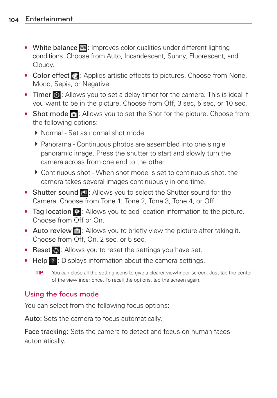 Entertainment, Using the focus mode | LG LGVS920 User Manual | Page 106 / 192