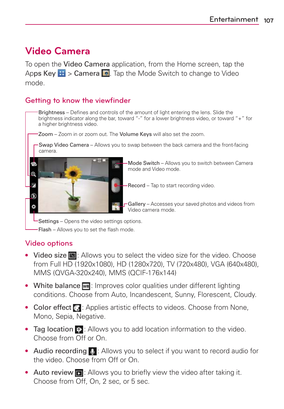 Video camera, Entertainment, Getting to know the viewﬁnder | Video options | LG LGVS920 User Manual | Page 109 / 192