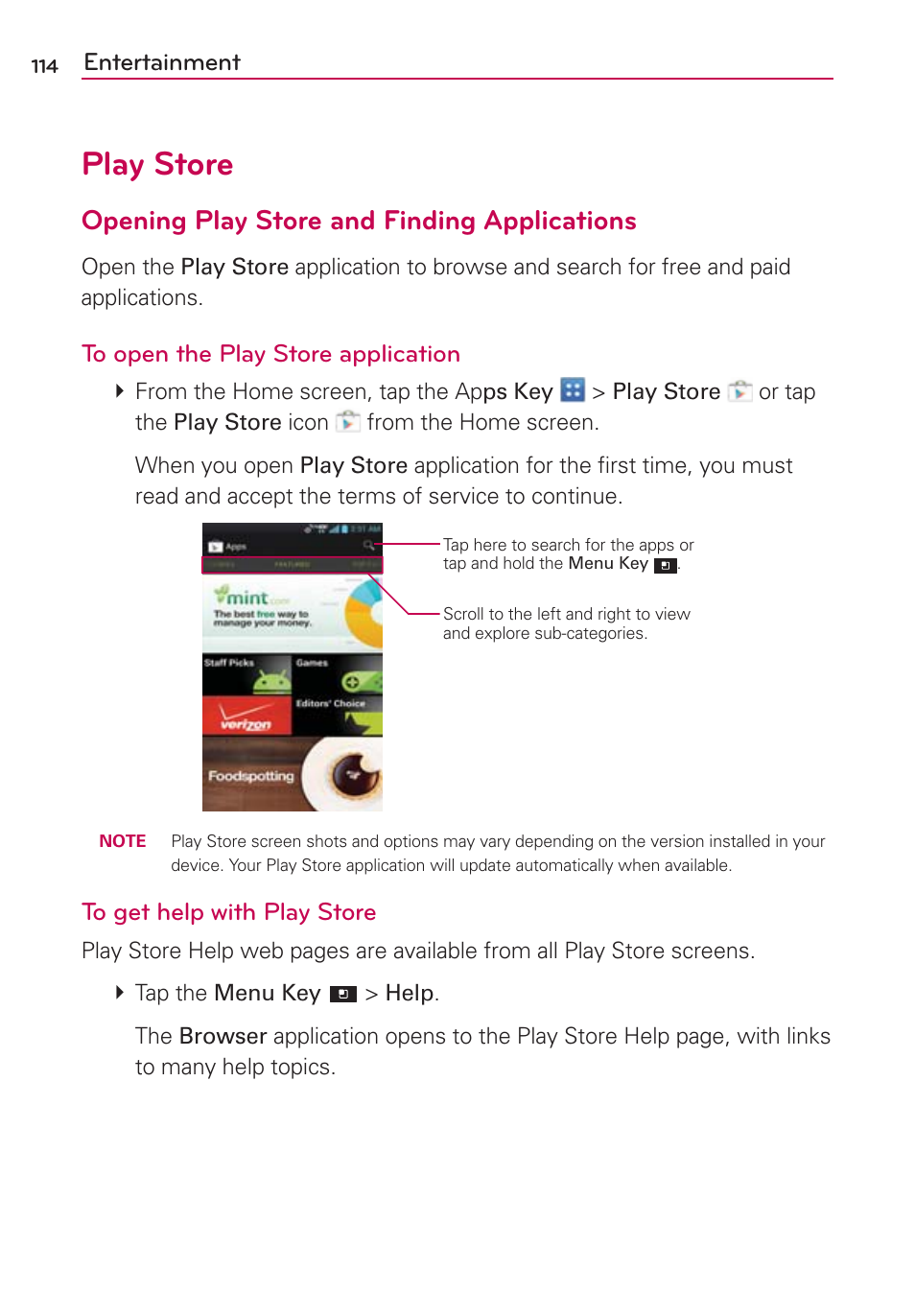 Play store, Opening play store and finding applications, Entertainment | LG LGVS920 User Manual | Page 116 / 192