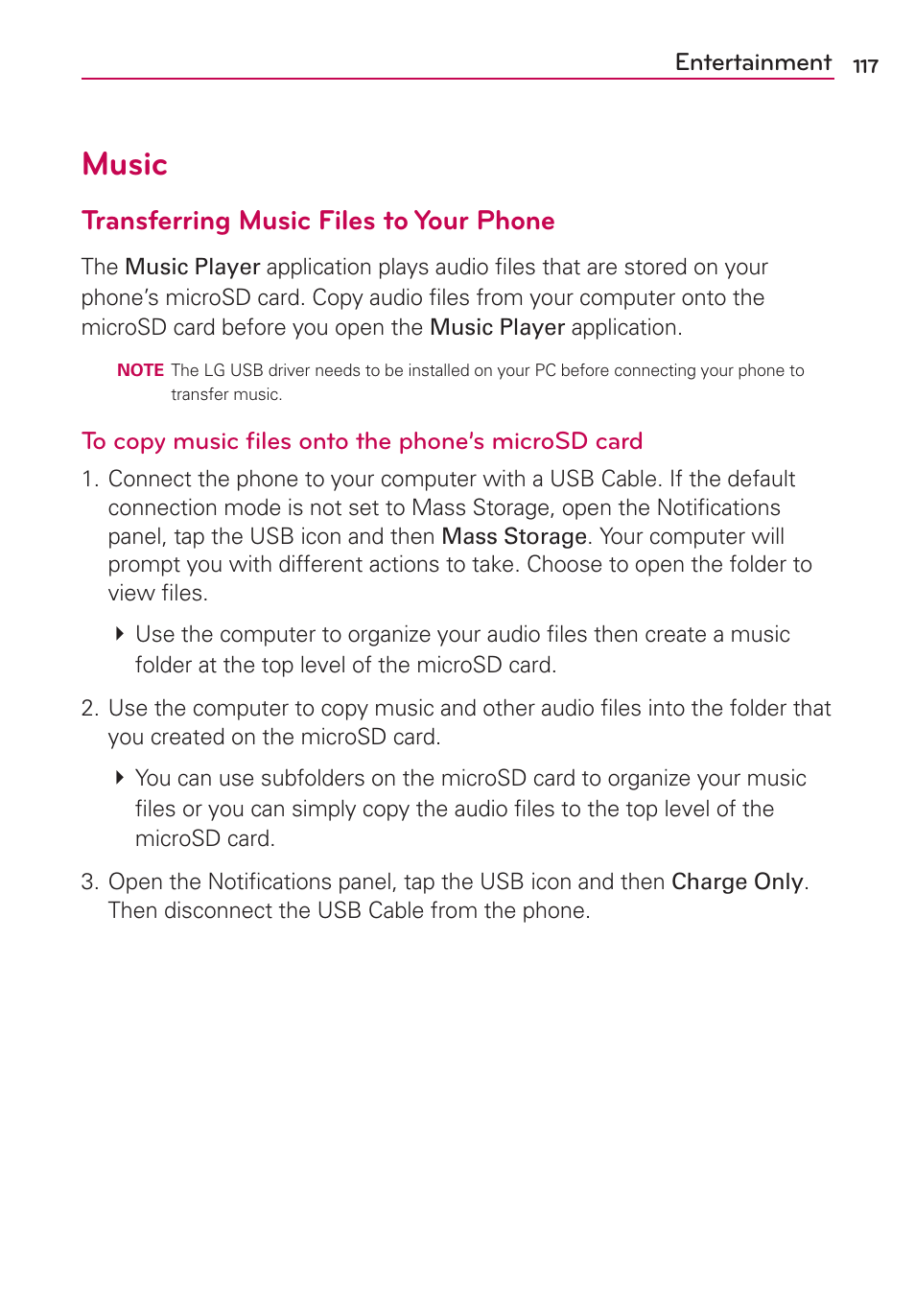 Music, Transferring music files to your phone | LG LGVS920 User Manual | Page 119 / 192