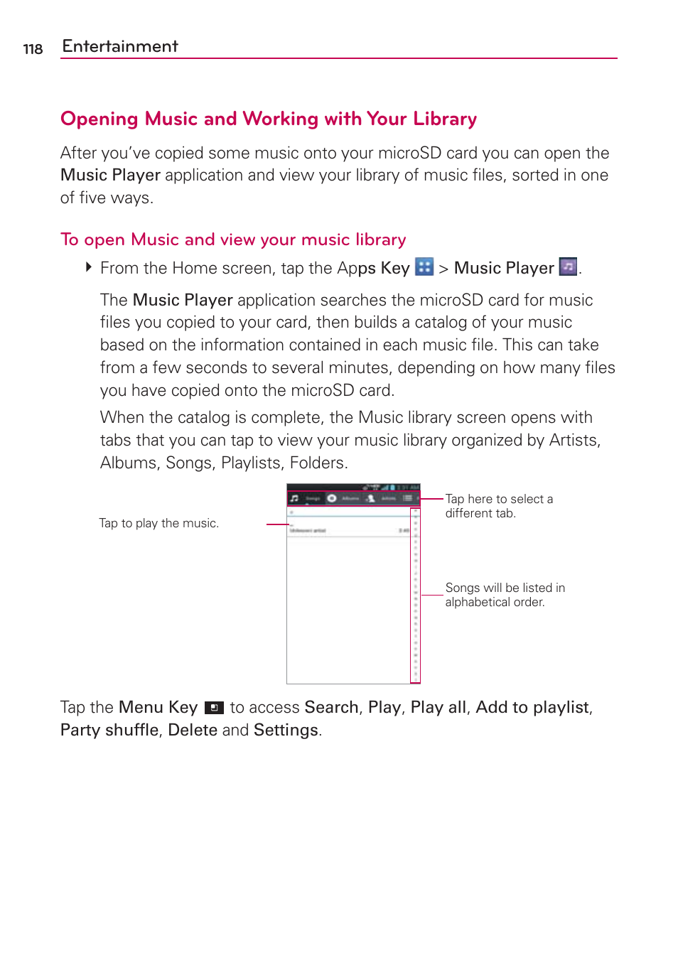 Opening music and working with your library | LG LGVS920 User Manual | Page 120 / 192