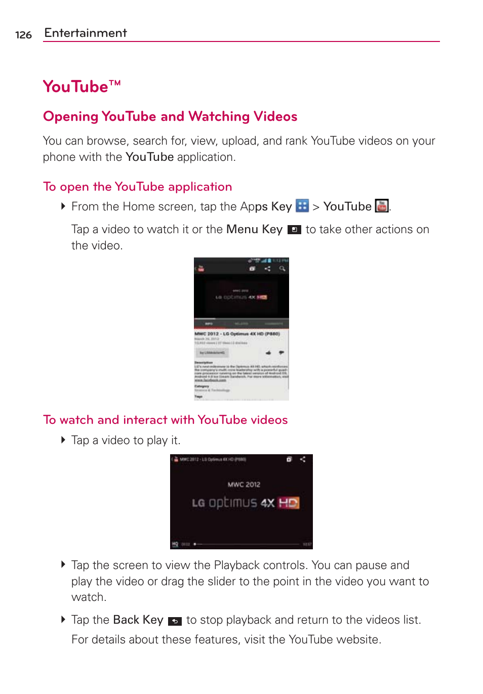 Youtube, Opening youtube and watching videos | LG LGVS920 User Manual | Page 128 / 192