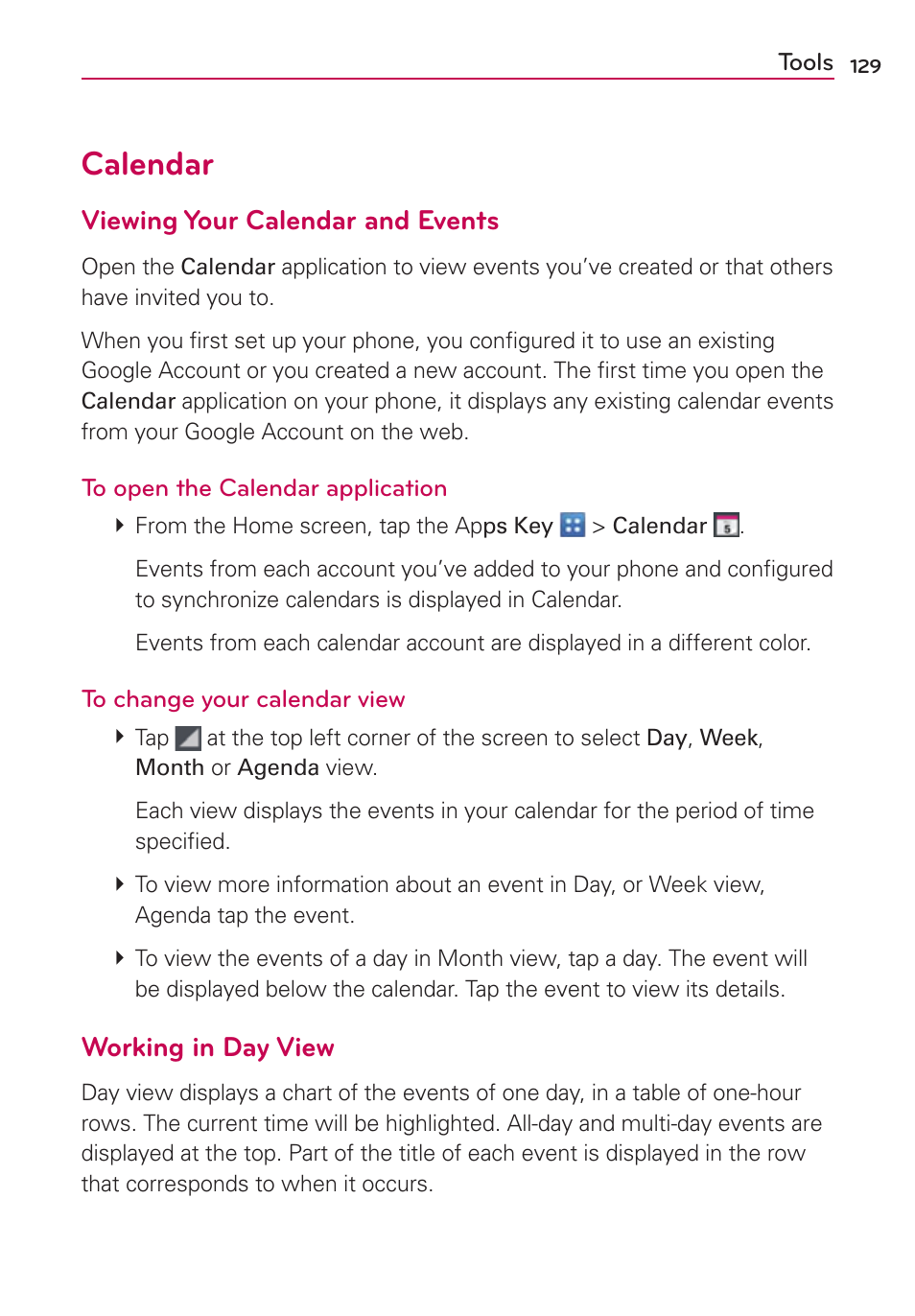 Tools, Calendar, Viewing your calendar and events | Working in day view | LG LGVS920 User Manual | Page 131 / 192