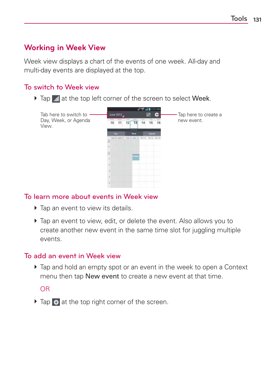 Working in week view | LG LGVS920 User Manual | Page 133 / 192