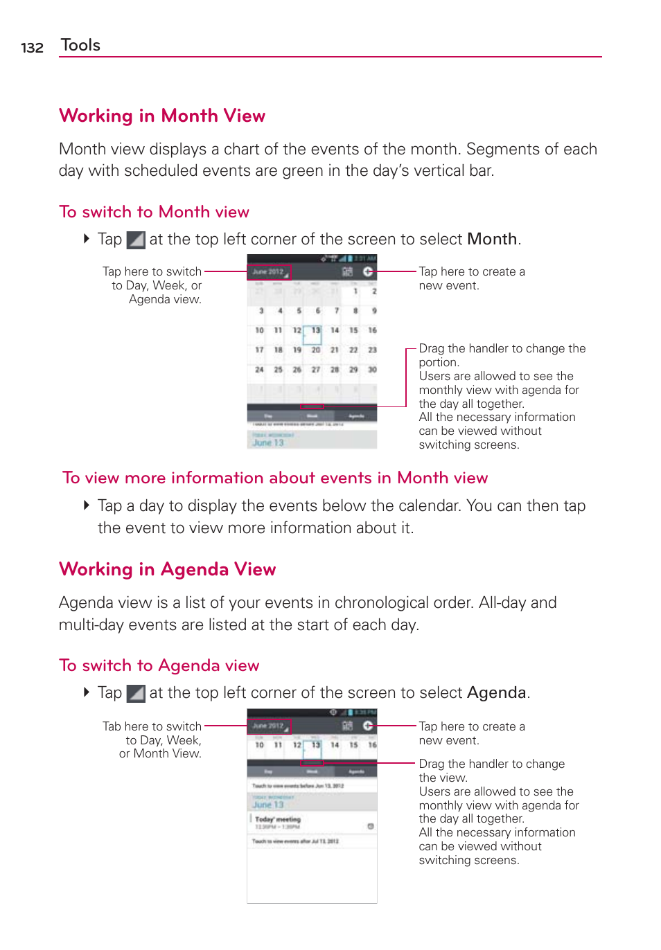 Working in month view, Working in agenda view, Tools | LG LGVS920 User Manual | Page 134 / 192