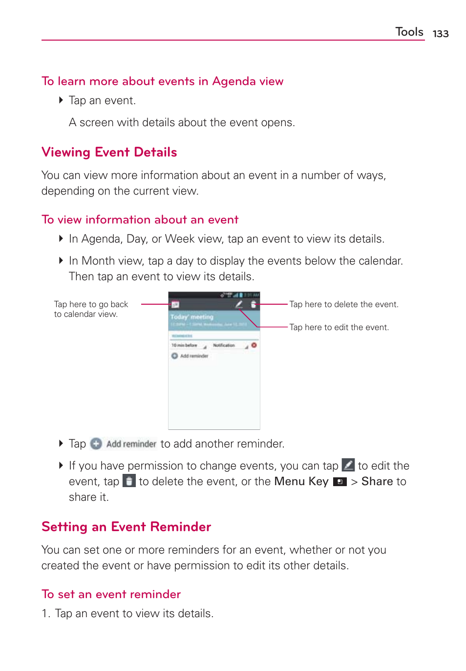 Viewing event details, Setting an event reminder | LG LGVS920 User Manual | Page 135 / 192