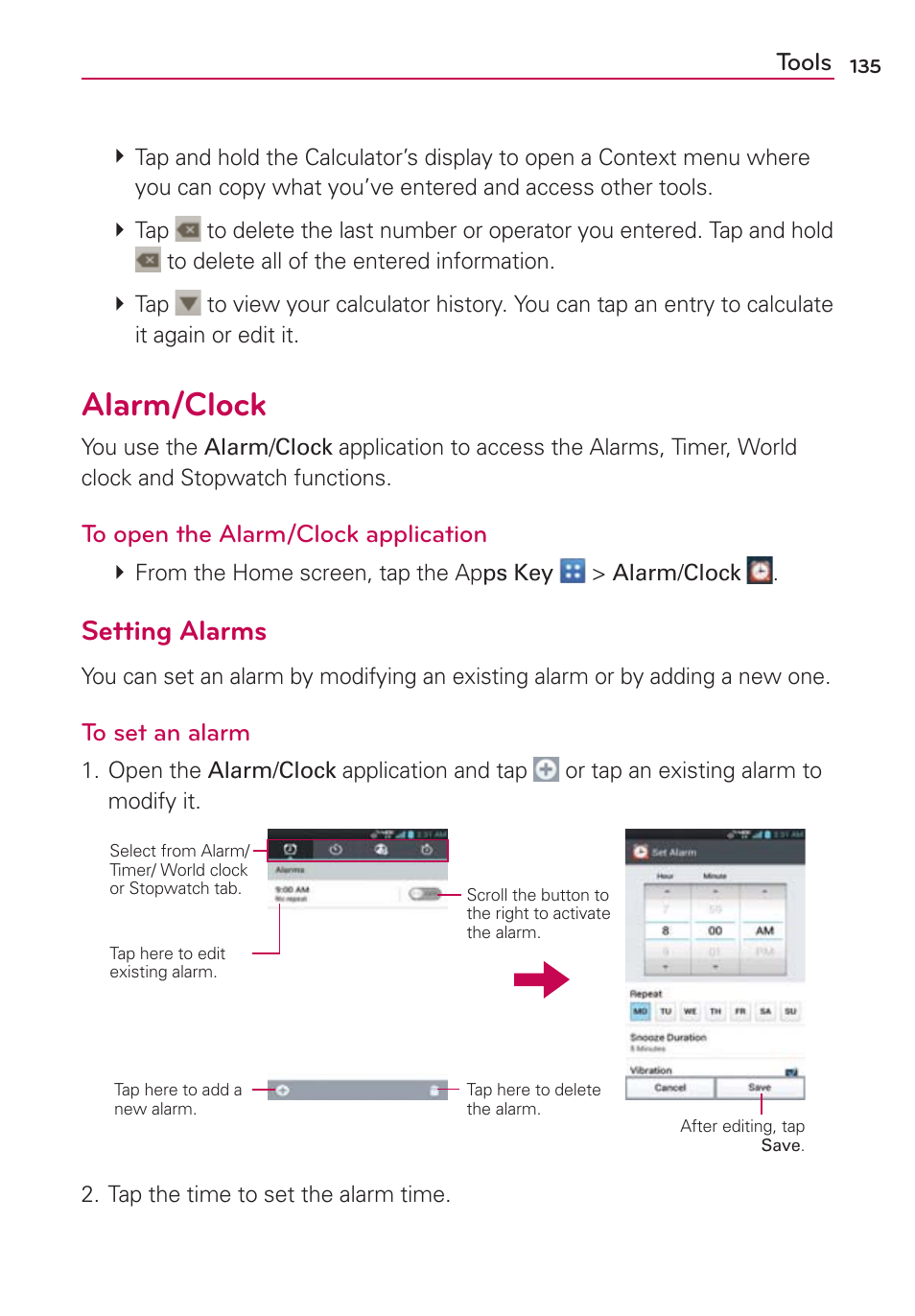 Alarm/clock, Setting alarms | LG LGVS920 User Manual | Page 137 / 192