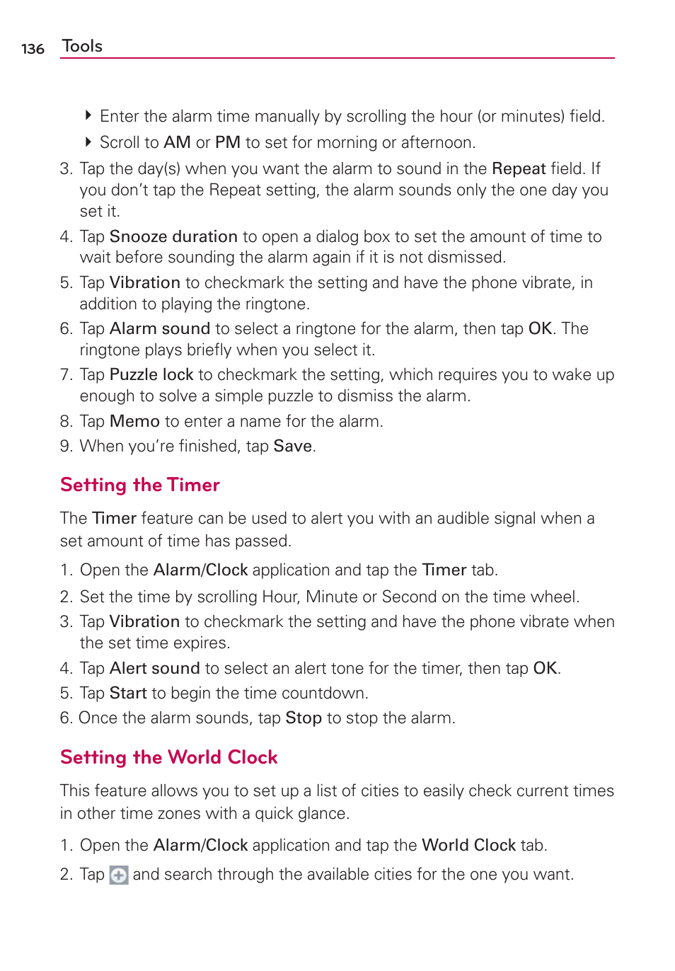 Setting the timer, Setting the world clock | LG LGVS920 User Manual | Page 138 / 192