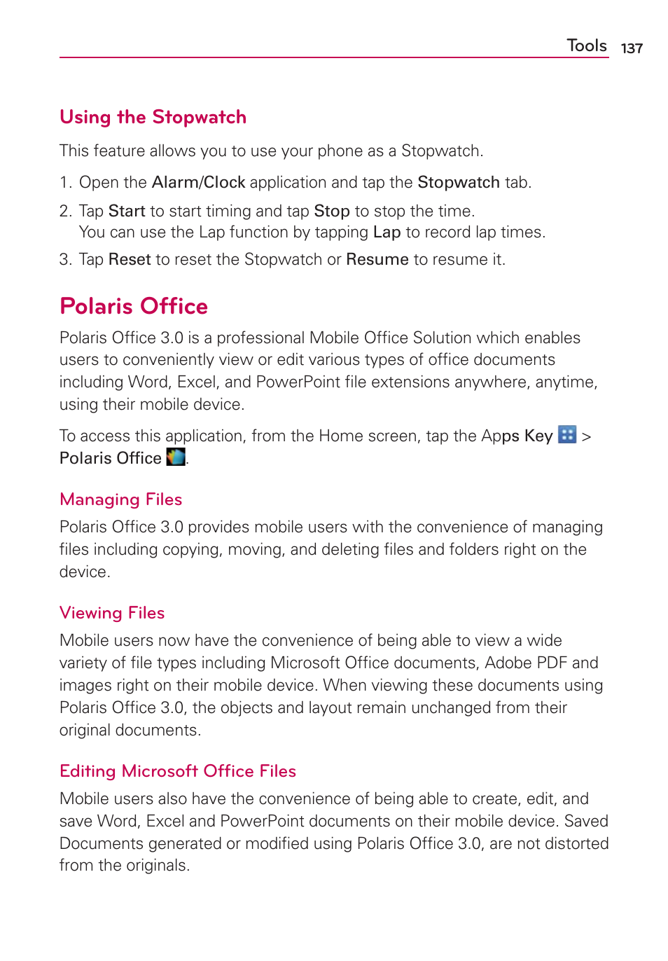 Polaris office, Polaris ofﬁce, Using the stopwatch | LG LGVS920 User Manual | Page 139 / 192